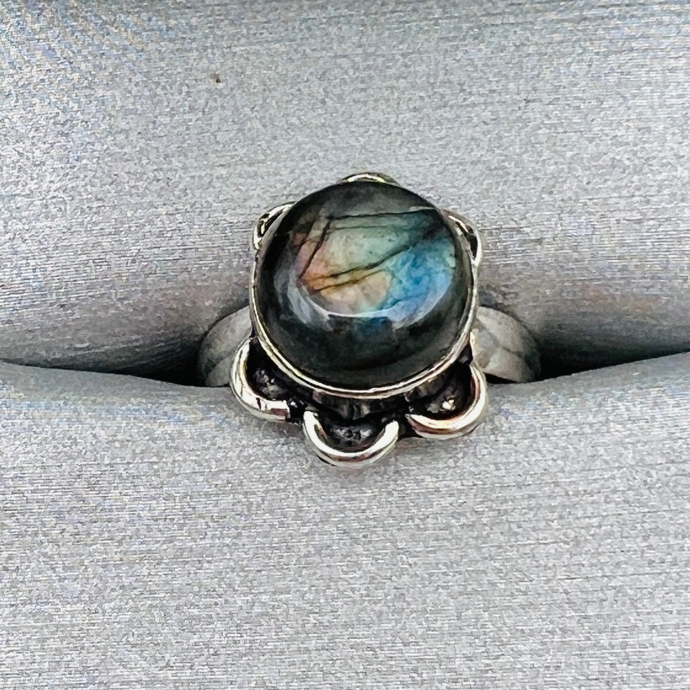 Blue Stone Silver Tone Ring Cabochon Gemstone‎ Size 6 Artisan Statement